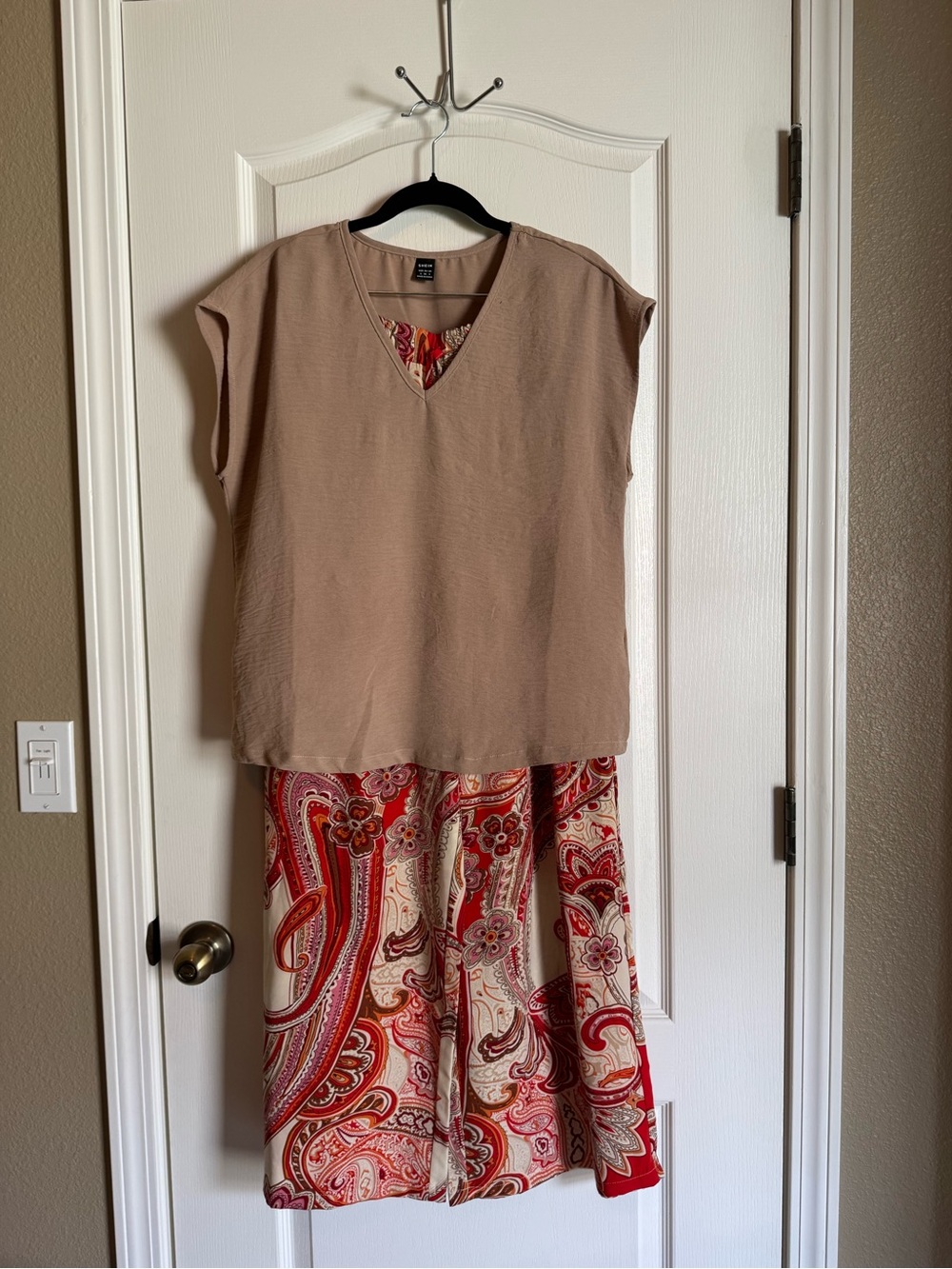 SHEIN Taupe Top with Red Paisley Maxi Skirt